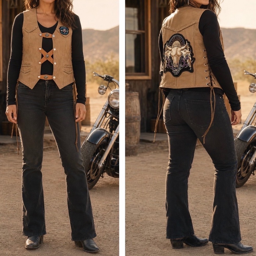 Leather King Tan Biker Vest Sturgis 2012 Bull Skull Patch Side Lace Up 40 yy